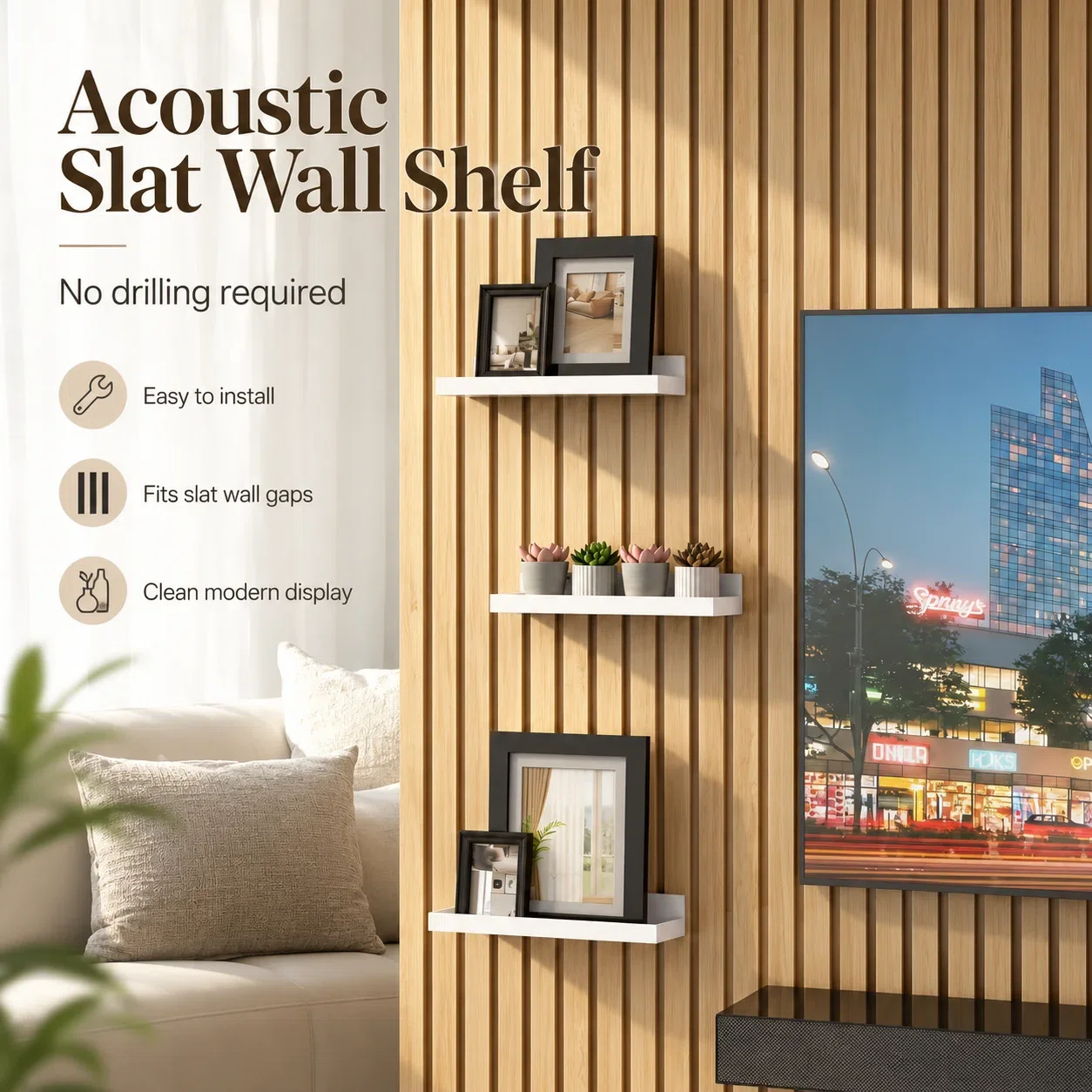 Acoustic Panel Shelf Bracket SX143 No-Drill Floating Shelf for Acoustic Slat Wall Panels acoustic panel accessory