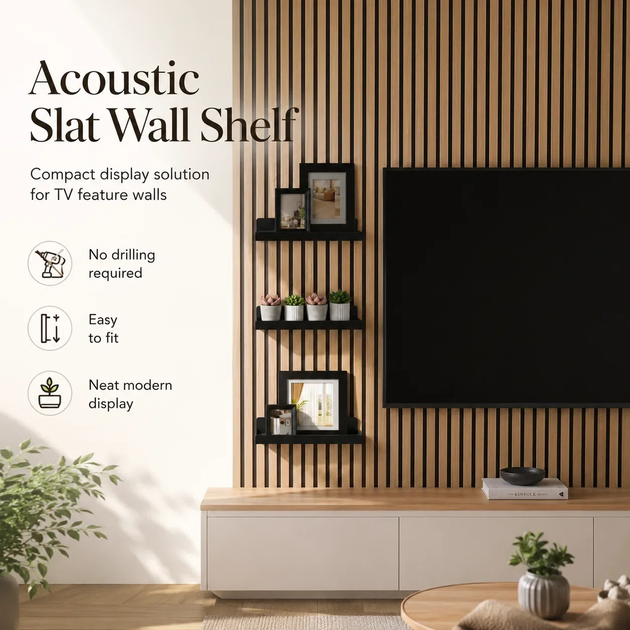 Acoustic Panel Shelf Bracket SX143 No-Drill Floating Shelf for Acoustic Slat Wall Panels acoustic panel accessory
