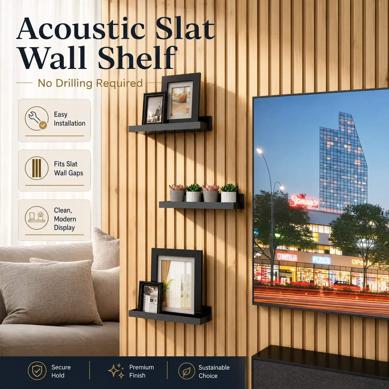 Acoustic Panel Shelf Bracket SX143 No-Drill Floating Shelf for Acoustic Slat Wall Panels acoustic panel accessory