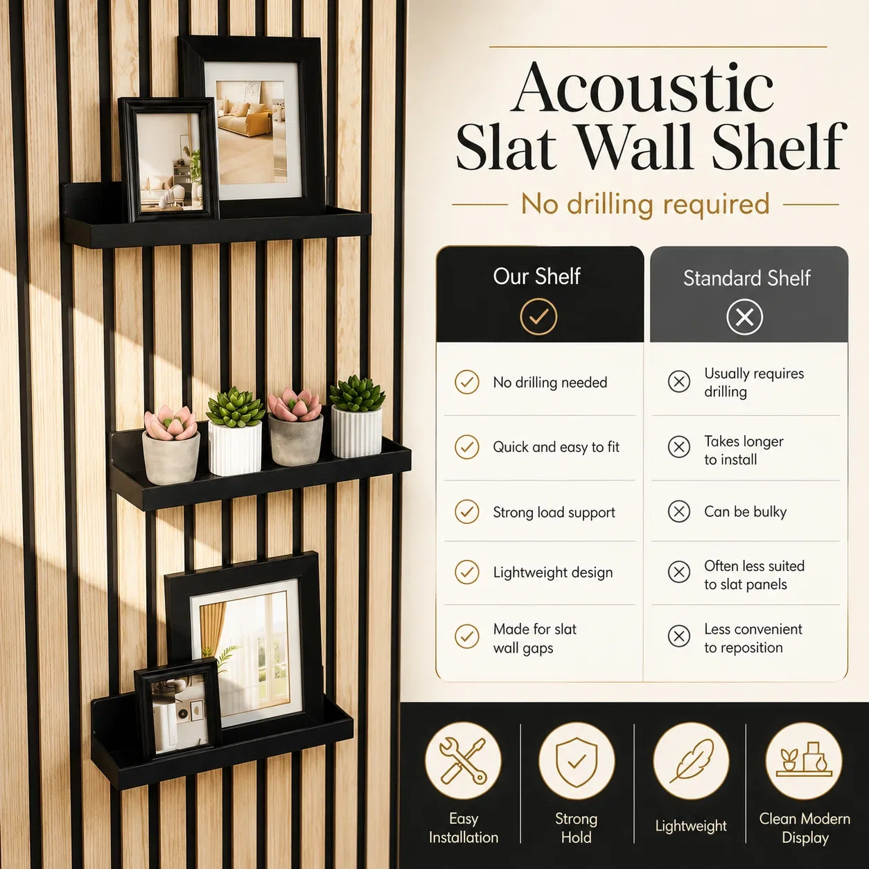 Acoustic Panel Shelf Bracket SX143 No-Drill Floating Shelf for Acoustic Slat Wall Panels acoustic panel accessory